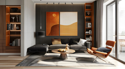 A simple living room with a couch, chair, coffee table, and paintings on the wall.