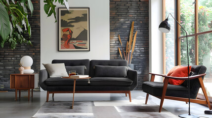 A comfy living room with a plush couch, wooden chair, and a table with a lamp.