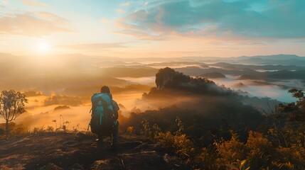 Solitary Hiker Admiring Majestic Mountain Landscape at Dramatic Sunrise Overlooking a Misty Wilderness