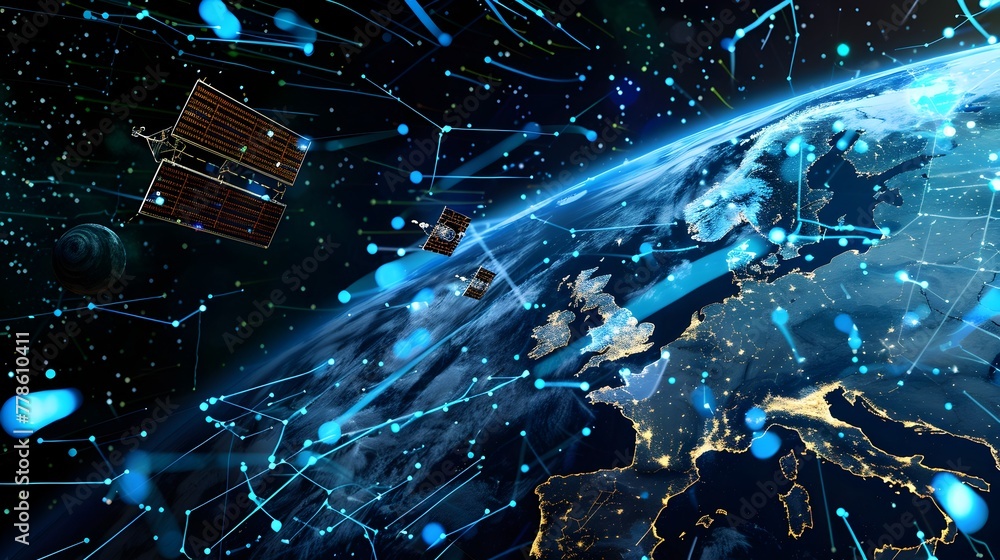 Poster dynamic visualization of earth's evolving digital infrastructure with satellites,cybersecurity shiel