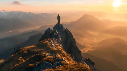Fotobehang Lone Hiker Stands Atop Majestic Mountain at Breathtaking Sunrise,Gazing Over Vast Valleys and Ridges Illuminated by Golden Light,Symbolizing Personal © pkproject