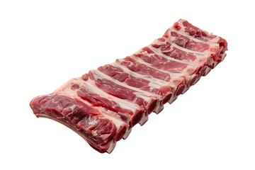 A piece of raw pork back ribs on a white background with studio lighting