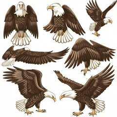 Artistic set of eagle illustrations capturing the essence of these birds in multiple flight poses.