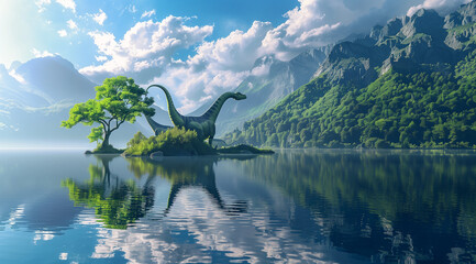 dinosaurs in beautiful lake