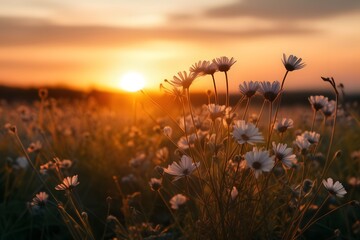 Beautiful wild flowers against the background of sunrise. flowering field