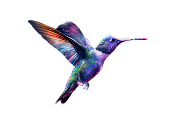 A artistic illustration of a hummingbird made from colorful powder flying in the air against a dark background in  - obrazy, fototapety, plakaty