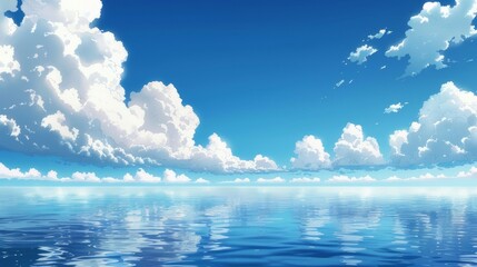 Blue sky and clouds that have reflections on the blue sea. A calm sea with reflections of clouds and blue sky.