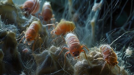 Highly Magnified Dust Mites Amid Intricate Fabric Fibers Revealing Microscopic Details of Common Household Textiles - obrazy, fototapety, plakaty