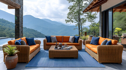 Obraz premium Outdoor recreation area - pool - outdoor furniture - fire pit - mountain house - vacation - getaway - holiday - escape - vacation house - vacation rental 