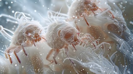 Intricate Microscopic Tapestry of Dust Mites Amongst Fabric Fibers Revealing Nature's Unseen Wonders