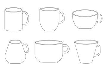 Mugs Outline. 6 Types of Mugs. Isolated Vectors. Can Recolor. 