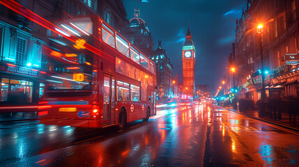 Double decker bus - motion blur effect - British - England - street - dramatic effect - clock tower bridge - Union Jack flag  - obrazy, fototapety, plakaty