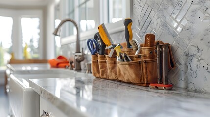 Assortment of Specialized Tools in a Plumber's Toolkit Against a Kitchen Sink Background,Showcasing the Essentials for Faucet Repair and Maintenance