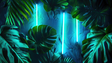 Green and Blue Neon Light with Tropical Leaves Generative AI