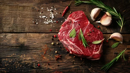 Fotobehang A piece of fresh marbled beef on a wooden background for you decoration, Generative AI © BOONJUNG