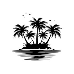 Silhouette of Tropical Island with Palm Trees , Graphic illustration of a serene tropical island with multiple palm trees reflecting in calm water.
