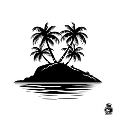 Silhouette of Tropical Island with Palm Trees , Graphic illustration of a serene tropical island with multiple palm trees reflecting in calm water.
