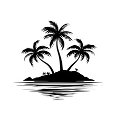 Silhouette of Tropical Island with Palm Trees , Graphic illustration of a serene tropical island with multiple palm trees reflecting in calm water.
