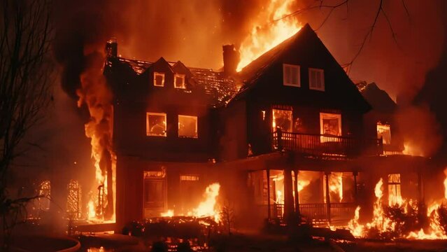 impressive close-up of a burning house, natural disaster, house fires