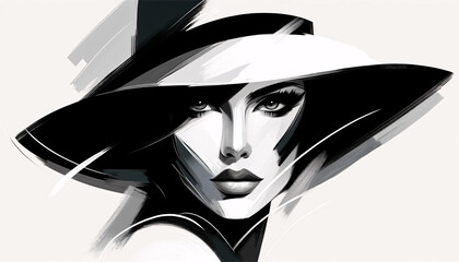 An abstract portrait of a stylish figure wearing a wide-brimmed hat, using a minimalist color palette. The figure's gaze is forward