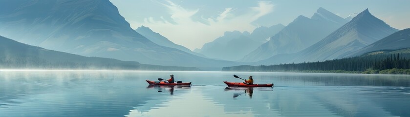 Kayakers exploring a calm - obrazy, fototapety, plakaty