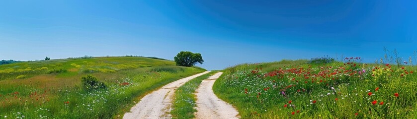 Fototapeta na wymiar Wildflowers blooming along a winding country road under a clear blue sky
