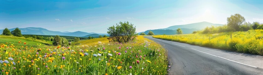 Fototapeta premium Wildflowers blooming along a winding country road under a clear blue sky