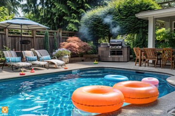 A backyard pool oasis with inflatable floats and a BBQ grill smoking nearby