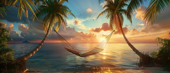 A hammock strung between two palm trees on a secluded tropical island - obrazy, fototapety, plakaty