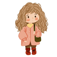 Girl curly Hair With Bag