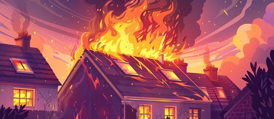 A blazing fire consumes a house, with flames engulfing the roof in a destructive inferno