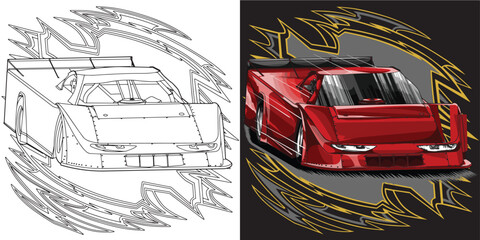 Outline and painted, racing car. Isolated in black background, for t-shirt design, print, and for business purposes