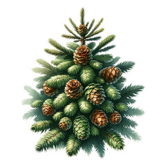 Evergreen Splendor,Watercolor Clipart of a Pine Tree with Cones