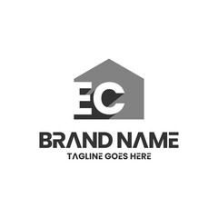 negative space letter E C in form of house logo