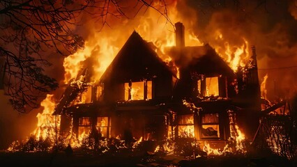 impressive close-up of a burning house, natural disaster, house fires, footage, 4k footage, videos, slow motion