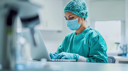 Medical Professional Concentrated on Laptop in Modern Laboratory