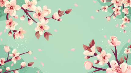 Mint green background featuring stylized cherry blossoms creates a chic banner with blank space for design purposes