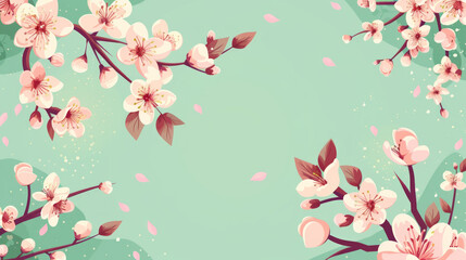 Fototapeta premium Mint green background featuring stylized cherry blossoms creates a chic banner with blank space for design purposes