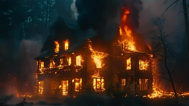 impressive close-up of a burning house, natural disaster, house fires, footage, 4k footage, videos, slow motion