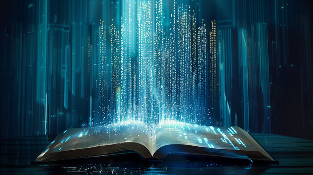 Vibrant Data Streams Emerging from Open Book with Cityscape