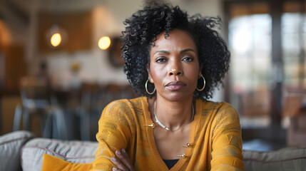 A pensive middle aged African American woman with a worried expression indoors, reflecting on personal or professional concerns. - obrazy, fototapety, plakaty