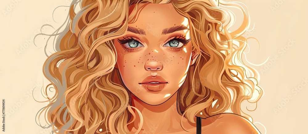 Canvas Prints A closeup art piece featuring a woman with layered long blond hair, blue eyes, and curly hair. Her nose, chin, and throat are detailed, along with her eyelashes and surferstyle hair