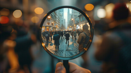 Urban Scene Viewed through Magnifying Glass on Busy City Street - obrazy, fototapety, plakaty