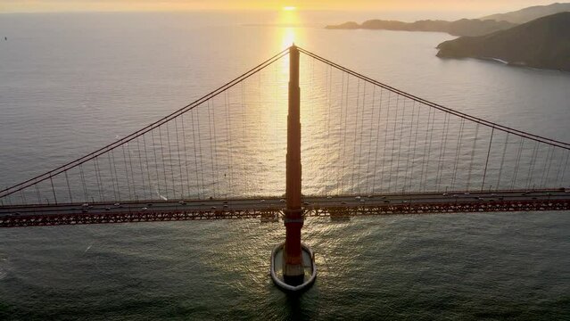 Drone aerial video of Golden Gate Bridge in San Francisco, California at sunset