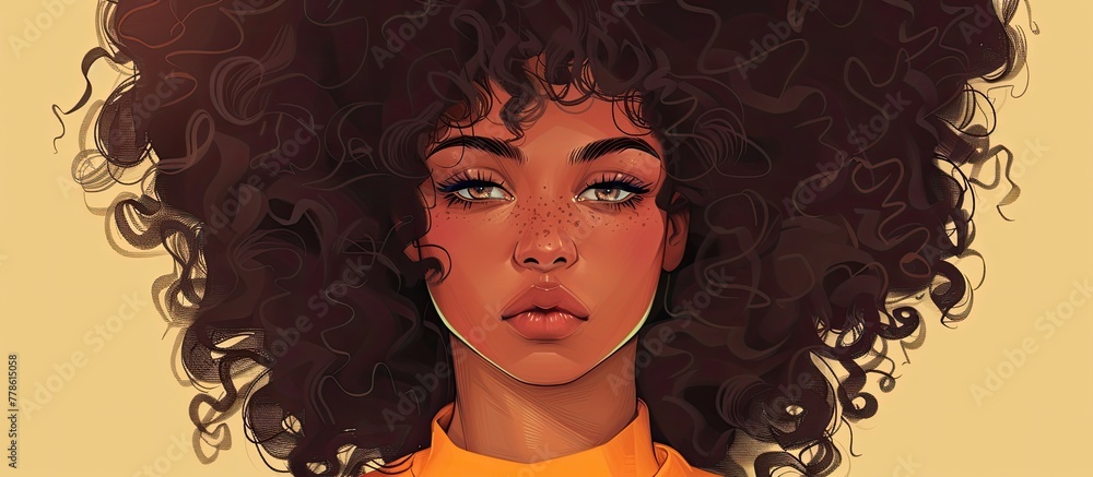 Canvas Prints a happy woman with curly hair wearing an orange turtleneck smiles brightly in the art event. her eye