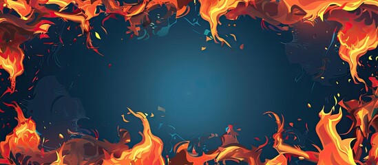 A captivating cartoon illustration of a fire frame on an electric blue background, surrounded by a crowd. This dynamic image combines light, entertainment, art, and fun in a performing arts event - obrazy, fototapety, plakaty