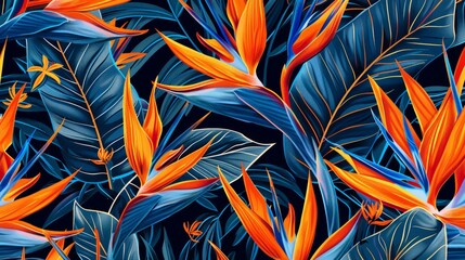The Paradise flowers in vibrant orange and blue, creating a dynamic and eye-catching design.