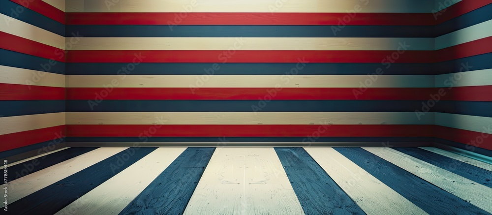 Poster a room with red, white, and blue stripes in a parallel pattern on the walls and floors, creating a s