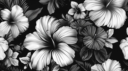A classic black and white pattern showcasing the intricate details and shapes of hibiscus  flowers against a contrasting background