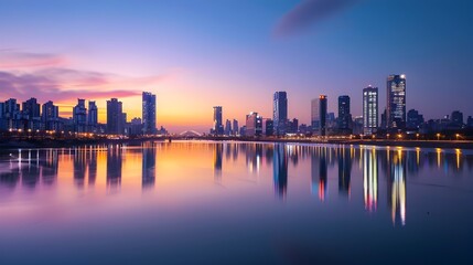 Obraz premium Spectacular Cityscape of Seoul's Skyline Mirrored on the Tranquil Han River at Sunset
